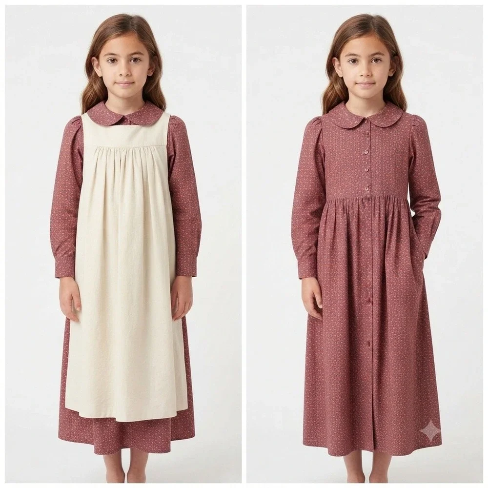 Girls Prairie Dress Pinafore Set 12 Floral Pioneer Handmade Burgundy Cream